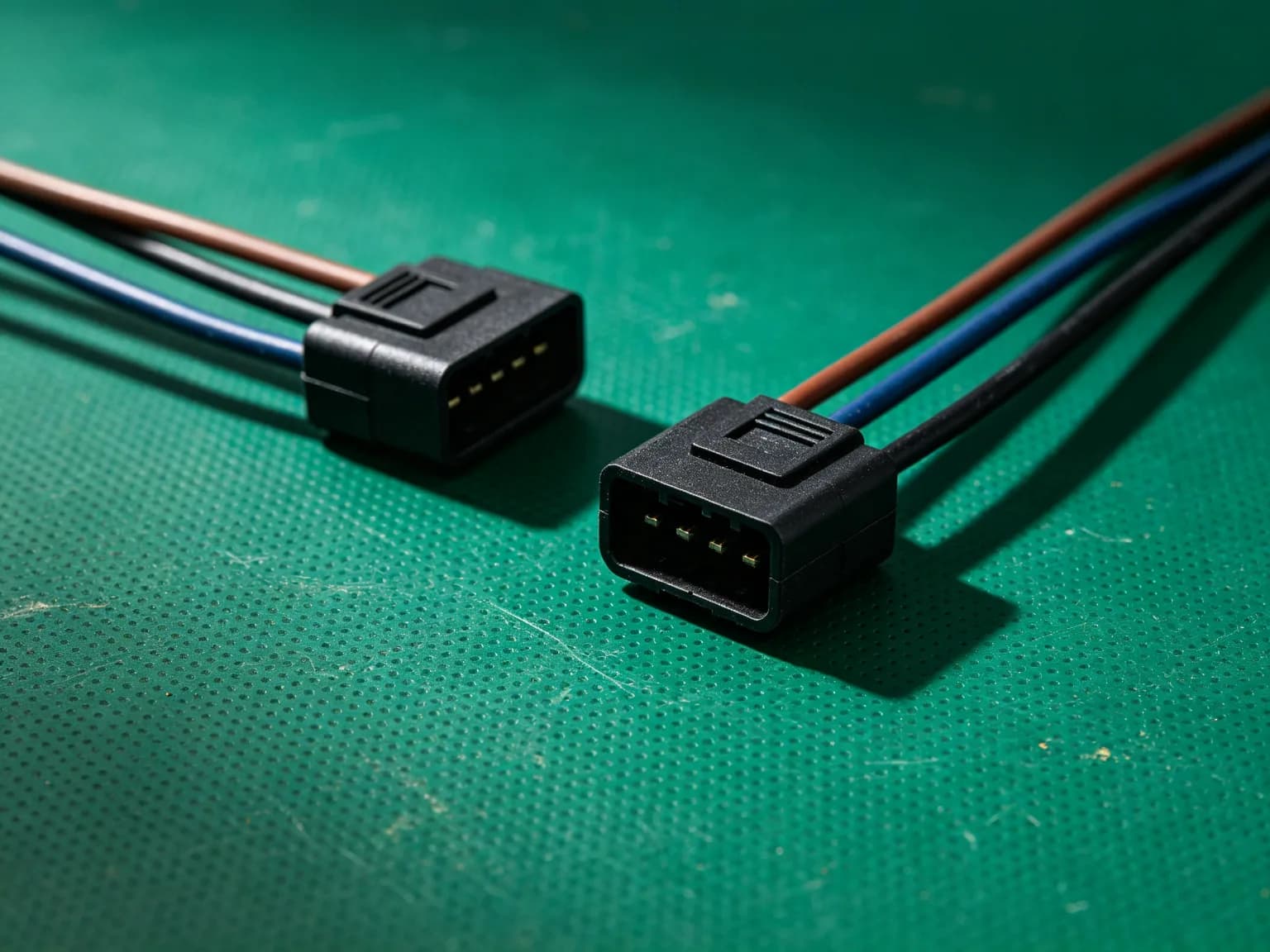 simple wire-to-wire connector leads with generic housings on a factory workbench